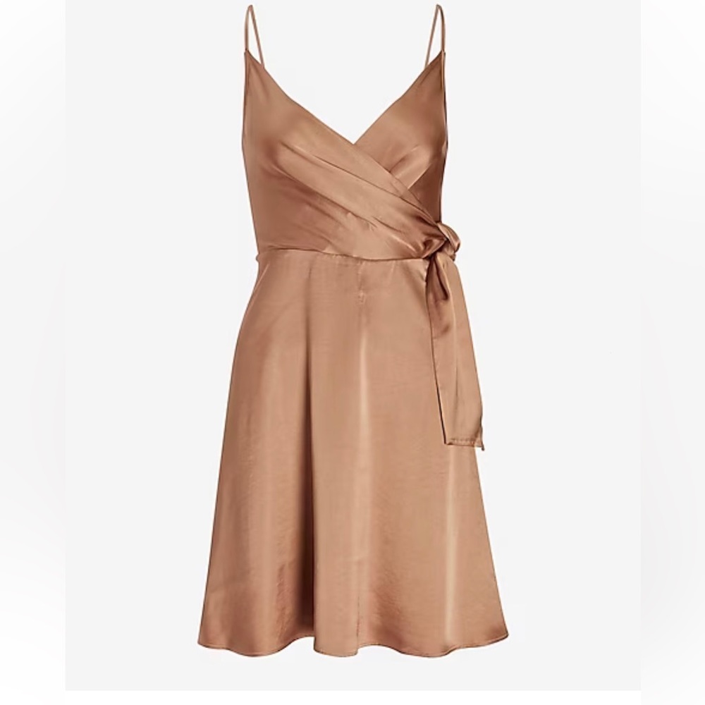 NWT Express Satin Wrap Fit and Flare Dress - Size Small, Gold
